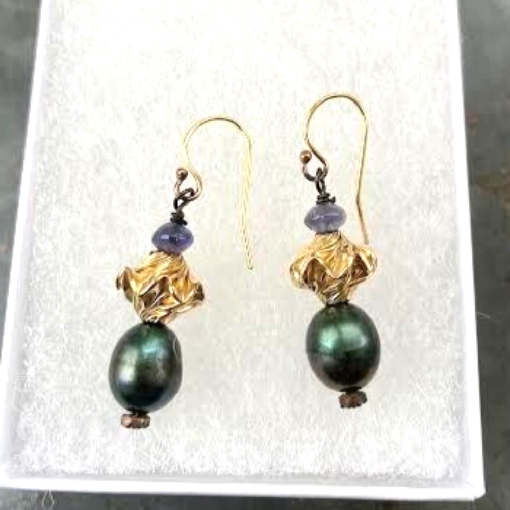 Gold Vermeil 7mm Green Pearl Earrings